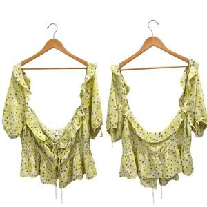 For Love & Lemons Yellow Chrysanthemum Tiered Tie-Front Blouse Coquette Cottage